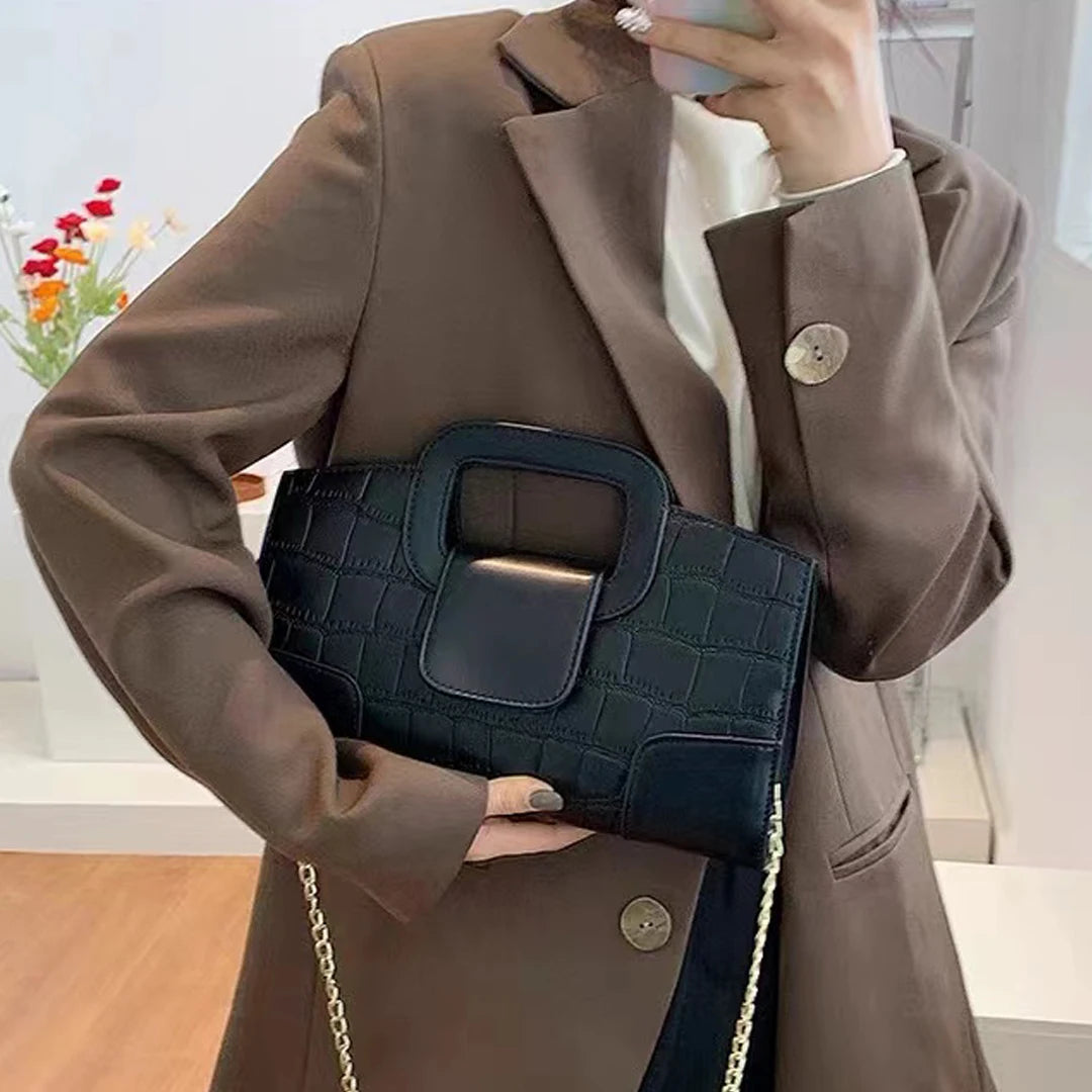 New Crocodile Grain PU Leather Handbag for Women Vintage Large Capacity Evening Bag Simple Elegant Party Clutch Bag Shoulder