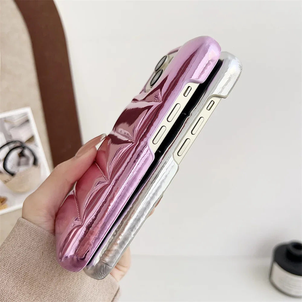Luxury Down Jacket Aurora Phone Case For iPhone 16 15 14 13 12 Pro Max Plus 11 16 Glossy Laser Skin Feel Soft Shockproof Cover
