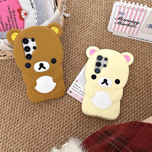 3D Cartoon Rilakkuma Bear Kawaii Phone Case For Samsung Galaxy S25 S24 S23 S22 Ultra S25 S24 S23 Plus Soft Silicone Back Cover