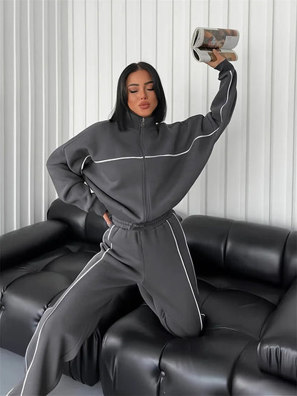 Sweatshirt Two-piece Suit Women's Oversize Striped Casual Sports Sets Zipper-up Short Jacket Straight Trousers 2-piece Sets