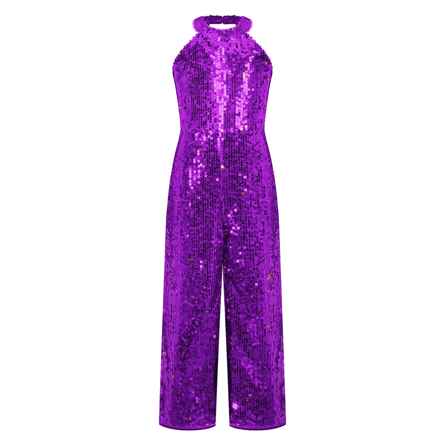 Kids Girls Jazz Dance Performance Jumpsuit Shiny Sequin Sleeveless Halter Romper Birthday Wedding Party Dancing Prom Bodysuit