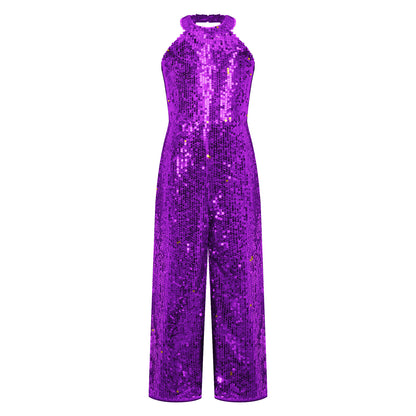 Kids Girls Jazz Dance Performance Jumpsuit Shiny Sequin Sleeveless Halter Romper Birthday Wedding Party Dancing Prom Bodysuit
