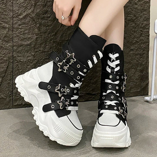 New Rock Platform Y2K Boots Women Summer 2026 Gothic Metal Star Belt Buckle Thick Sole Mid Calf Boots Woman Designer Punk Shoes