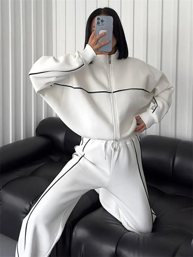 Sweatshirt Two-piece Suit Women's Oversize Striped Casual Sports Sets Zipper-up Short Jacket Straight Trousers 2-piece Sets