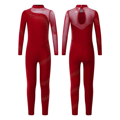 Kids Girls Ballet Dance Gymnastics Leotard Figure Skating Acrobatics Yoga Bodysuit Long Sleeve Shiny Rhinestone Mesh Jumpsuit