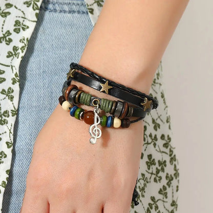 Adjustable 2026 Trendy Musical Note Wood Beads Niche Design Leather Gypsy Hippie Bracelet Vintage Rope Layered Bracelet
