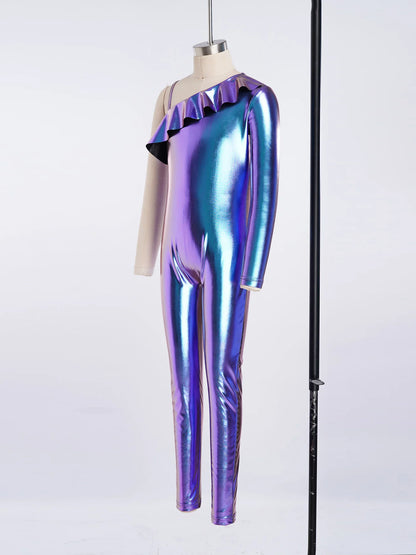 Kids Girls Metallic Shiny Ballet Dance Unitards Figure Skating Acrobatics Gymnastics Leotard One Shoulder Long Sleeve Jumpsuit