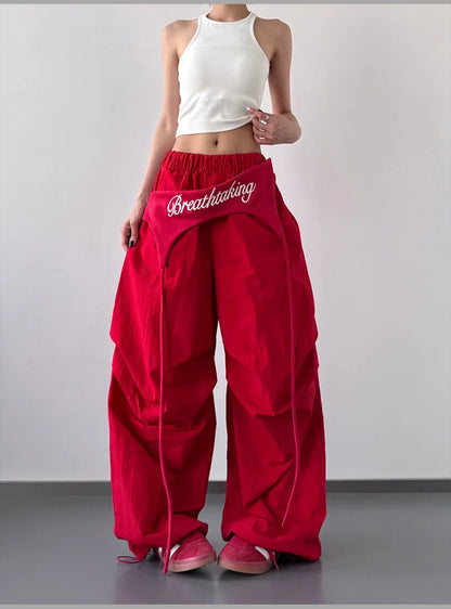 Women's Dance & Y2K Style Pants - Cross-layer Straps Design Casual Streetwear Trousers Wide Leg Cargo Pants for Hip Hop Dance