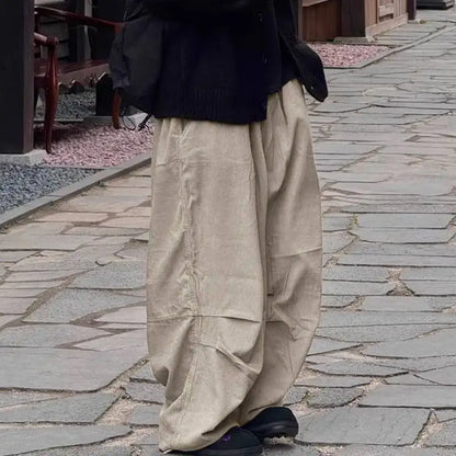 INCERUN Men Corduroy Pants Solid Color Loose Elastic Waist Streetwear Casual Wide Leg Trousers Men Long Pants