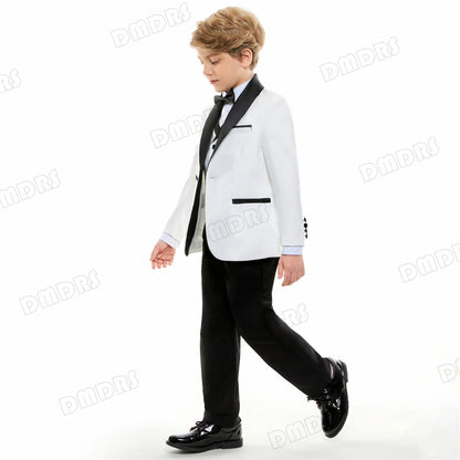 24H Ship White Formal Kids Suit Set, 4 Pieces Suits For Boys From 3-14 Years, Wedding Tuxedo For Kids Ring Bear