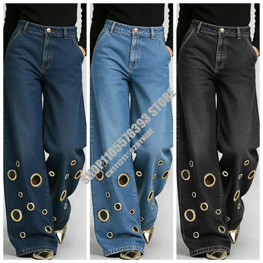 American High Street Straight Leg Jeans Women Metal Ring Hollow Long Jeans Autumn Casual High Waist Pockets Baggy Denim Pants