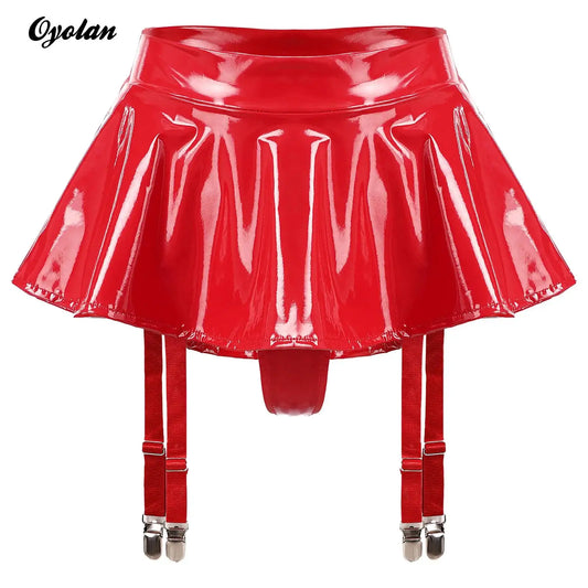Sexy Womens Glossy Patent Leather Ruffle Mini Skirt Built-in Thongs Garter Belts Metal Clips Shorts Miniskirt Wet Look Clubwear