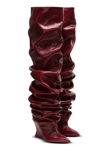 Autumn and Winter Pointed, Thick Soled, High-heeled Boots, Knee High Boots, Pleated Pile Party, Large Women's Short Boots