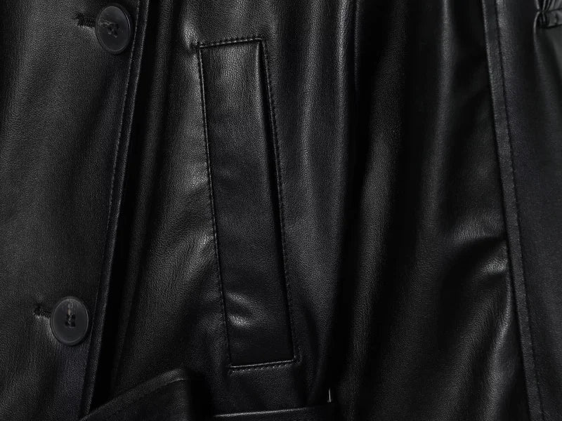 ETJ autumn new women's fashion belt imitation leather long sleeve short trench coat casual leather coat