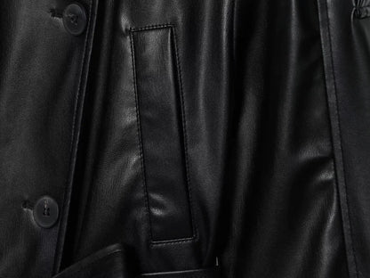 ETJ autumn new women's fashion belt imitation leather long sleeve short trench coat casual leather coat
