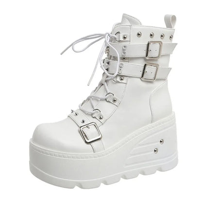 New Punk Women's Boots Wedges Ladies Shoes Patent Leather Boot Rivets Cosplay Ankle Boots Zip Ladies Gothic Motorcycle Boot