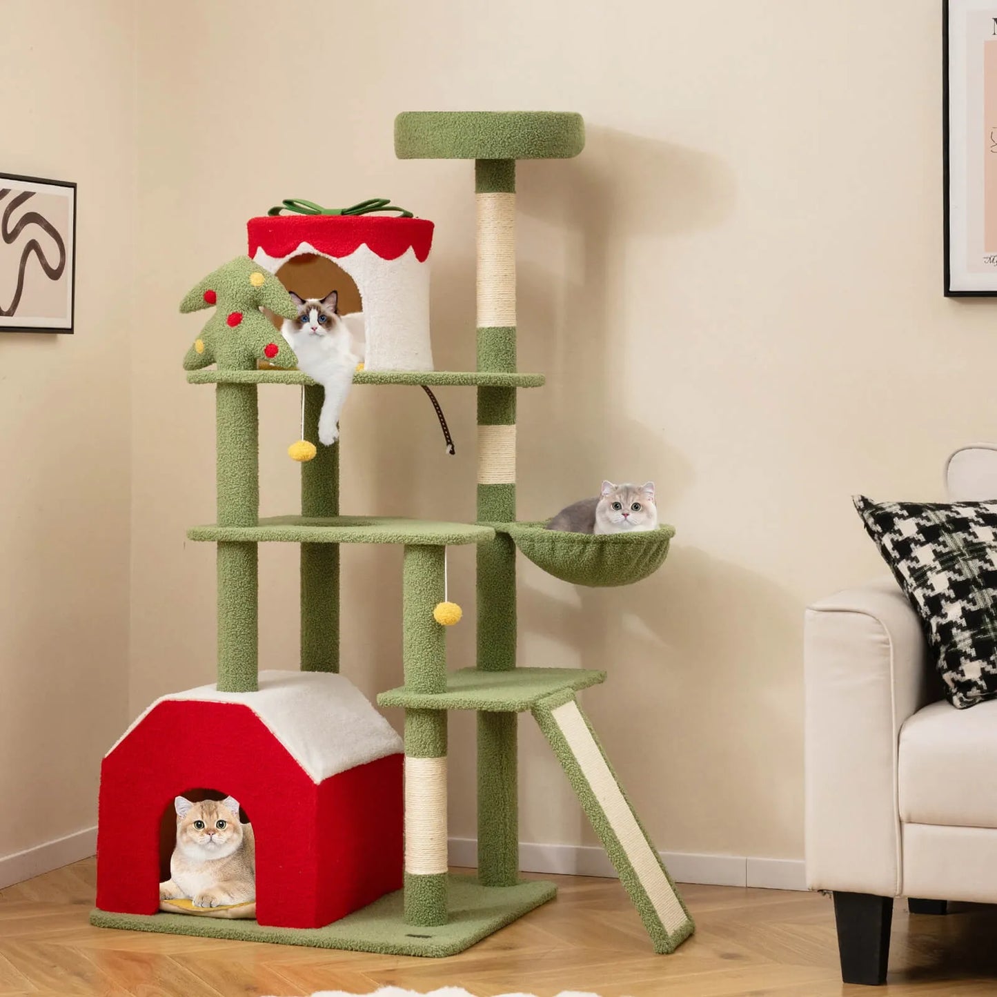 61" Tall Christmas Cat Tree w/ Sisal Scratching Posts Plush Perch & 2 Condos