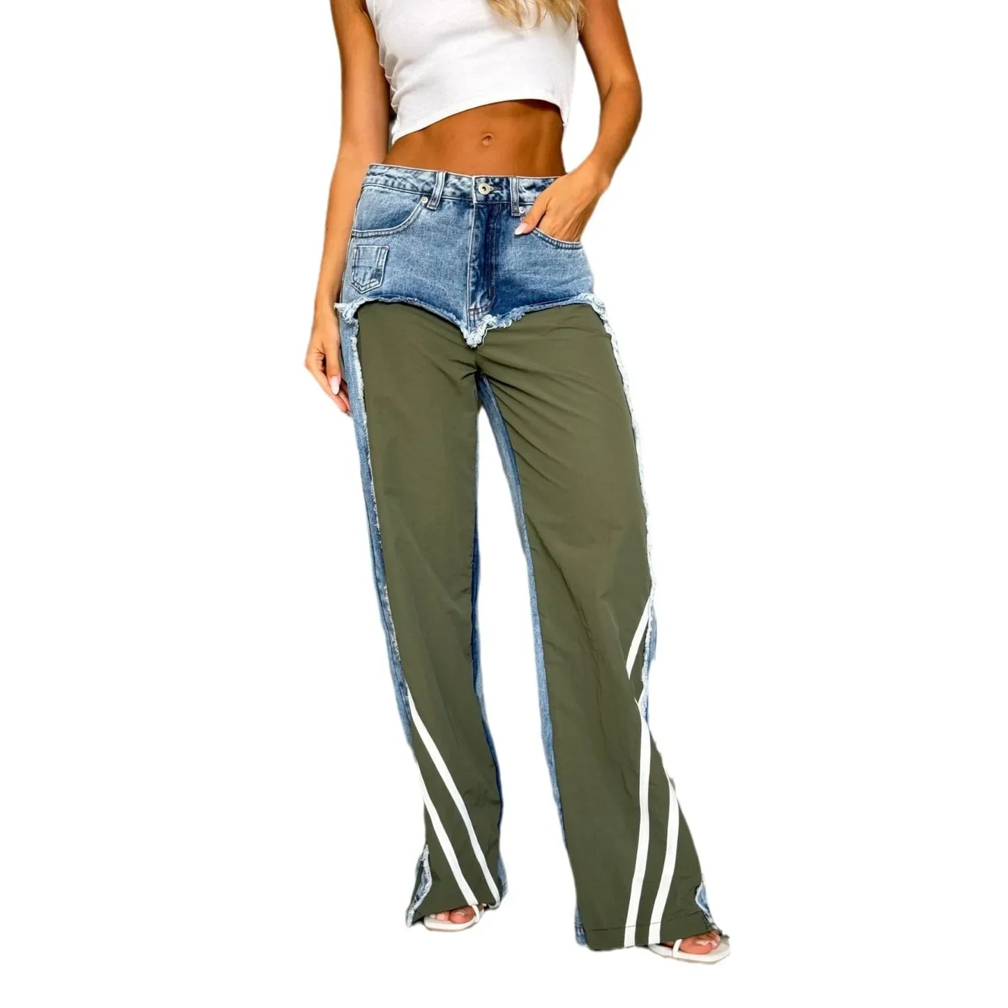 Jeans Women Denim Wide Leg Pants Stripe Trousers Contrast Color Low Waist Washed Pockets 2026 Streetwear Denims Floor Length