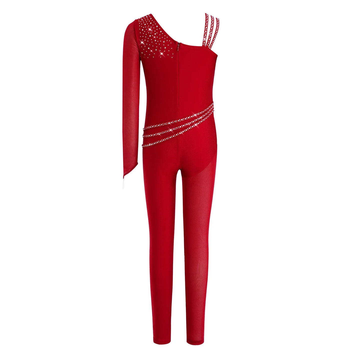 Kids Girls Ballet Dance Gymnastics Leotard Shiny Rhinestones Mesh Asymmetrical Jumpsuit for Figure Skating Acrobatic Performance