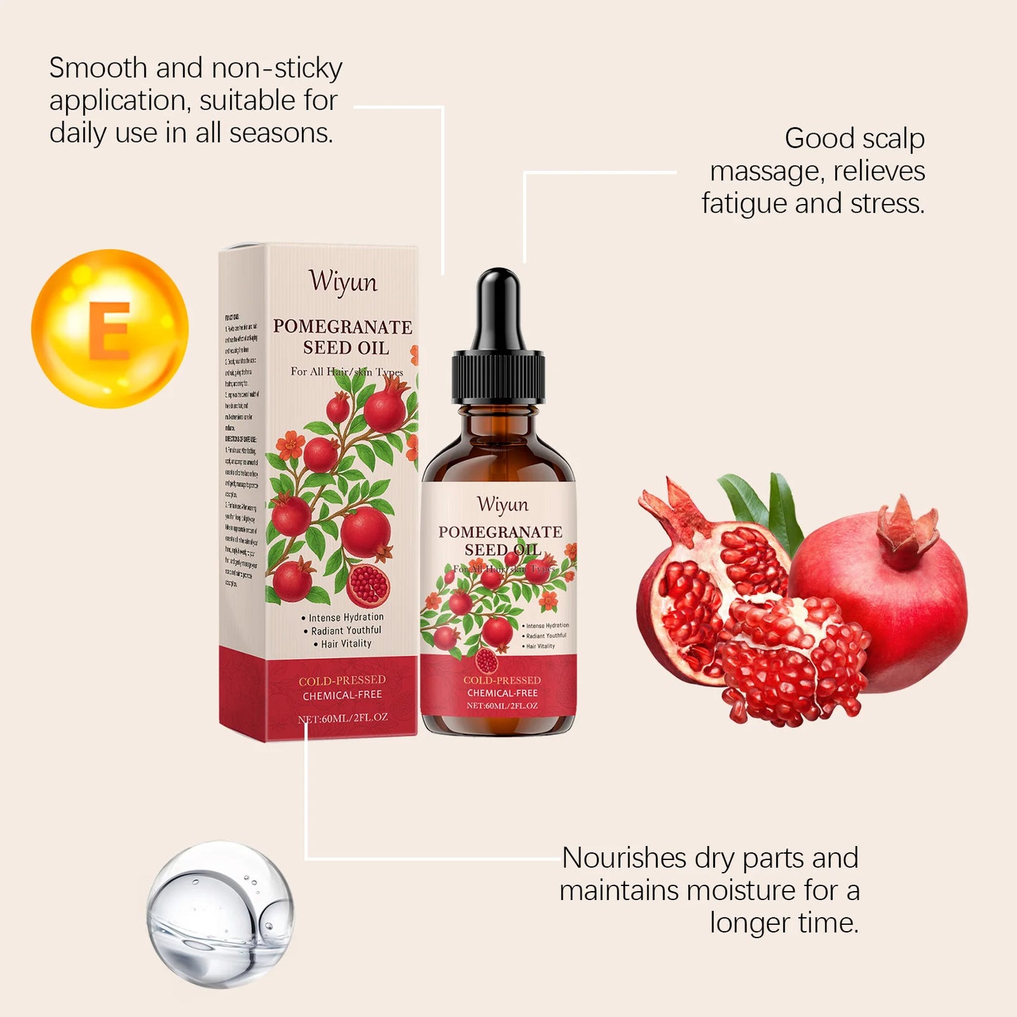 Pomegranate Seed Oil Hydrating Multi-Purpose Oil for Body Hair Nourish Scalp Hair Improve Dryness Tightening Smoothing Body Oil