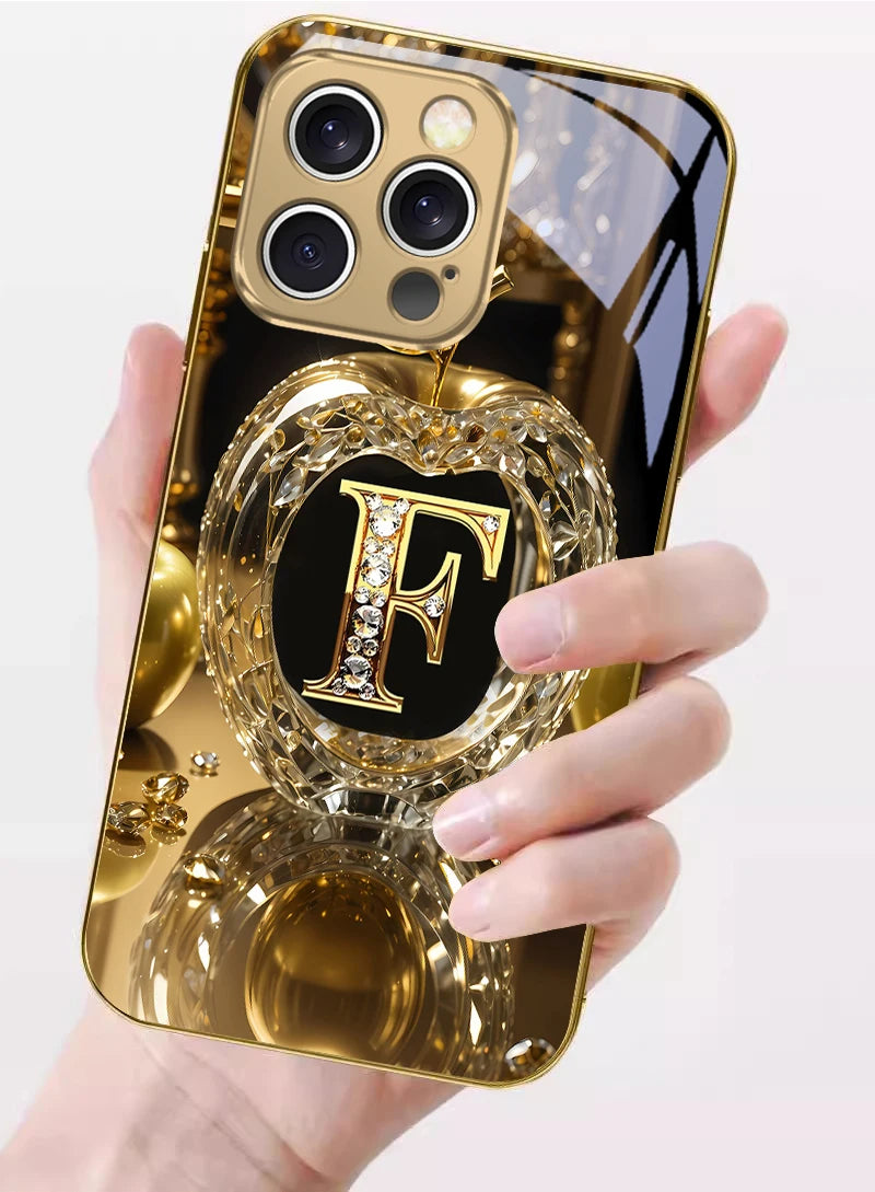 High end golden letter 'F' For IPhone 16 17Pro Max 15 P ro 14 13 Plus 12 Mini 11Pro Max XR 16E 17 Air Golden glass phone case