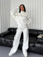 Sweatshirt Two-piece Suit Women's Oversize Striped Casual Sports Sets Zipper-up Short Jacket Straight Trousers 2-piece Sets