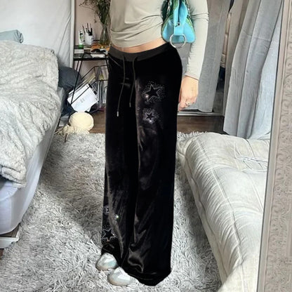 Goth Dark Techwear Fashion Stars Rhinestone Drawstring Pants Mall Goth Streetwear 90s Grunge Soft Velvet Trousers Women Y2K Pant