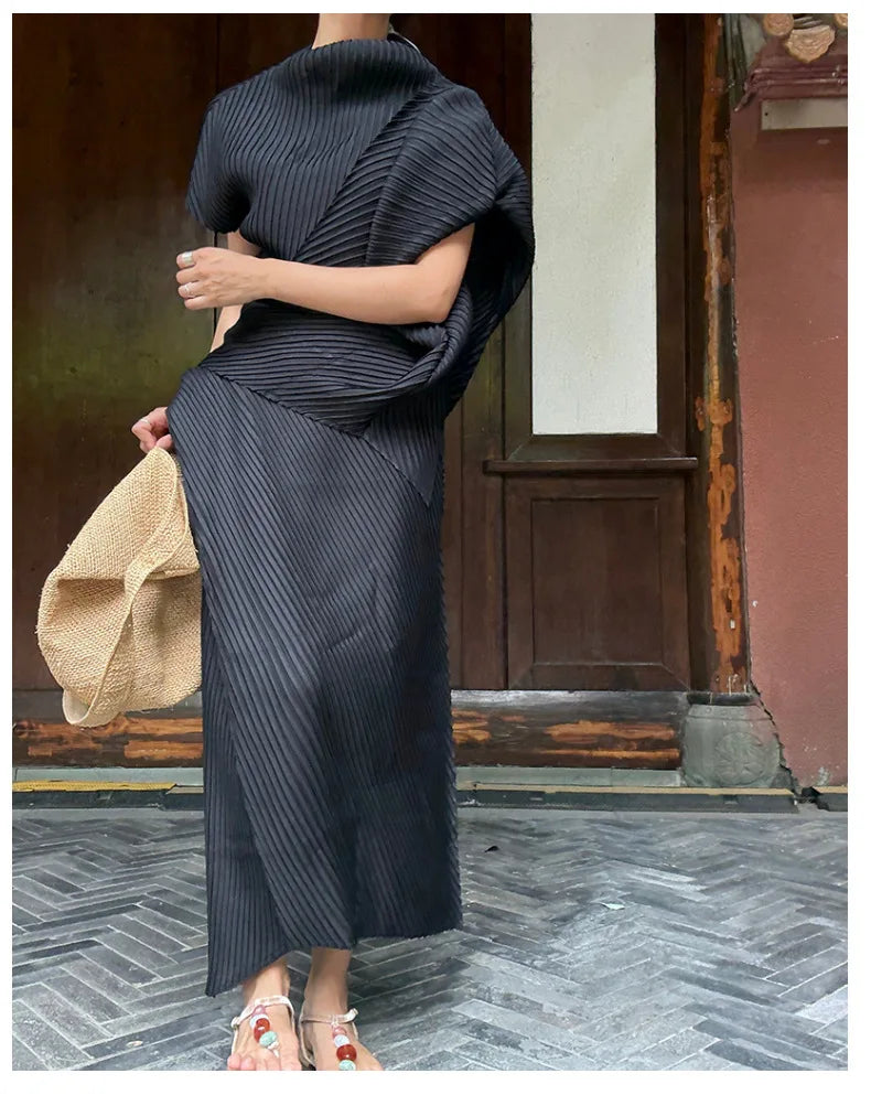 Miyake Pleated Women Set 2026 Summer New Solid Color Irregular Design T-shirt Loose Large Half Skirt Female Two Piece Set