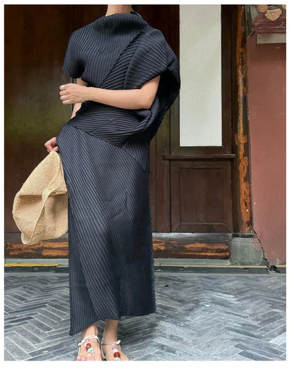 Miyake Pleated Women Set 2026 Summer New Solid Color Irregular Design T-shirt Loose Large Half Skirt Female Two Piece Set