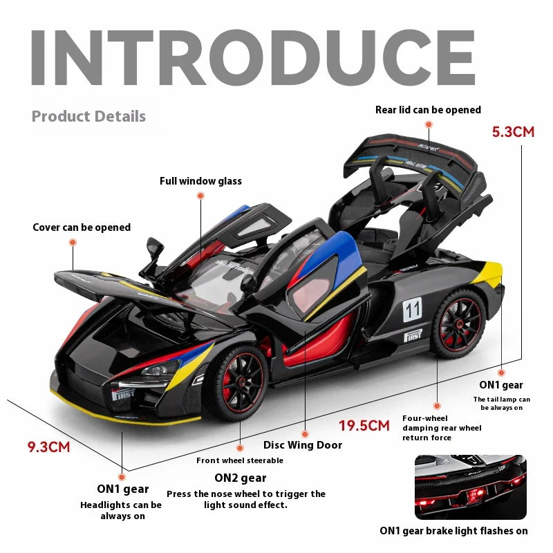 Simulated 1/24 McLaren Senna car model with sound and lights, track version sports car model, boys gift, collection ornaments