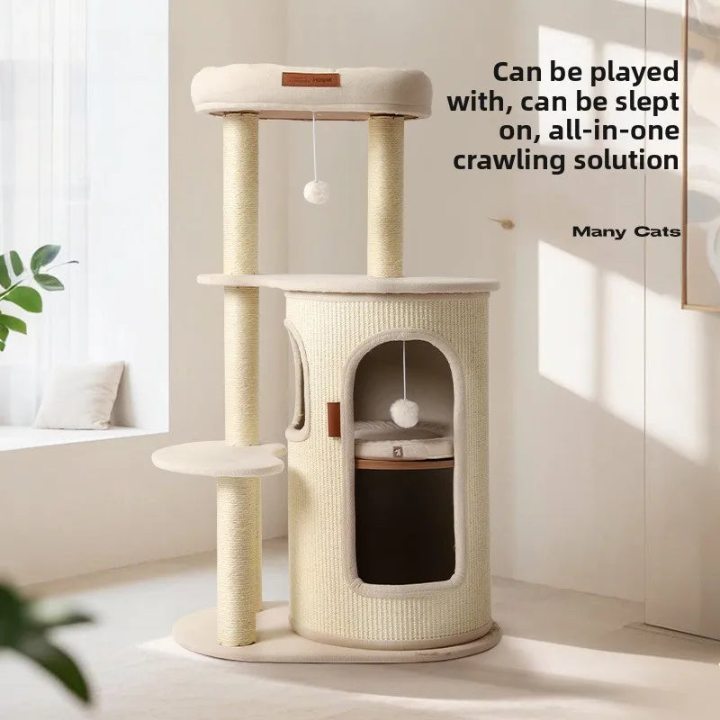 Cat Tree for Small Spaces Multi Level Scratching Post with Cat Condo and Sisal Barrel