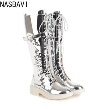 NASBAVI New Women's Long Boots Women Autumn Round Toe Flat Bottes Woman Knee High Low Heel Casual PU Leather Winter Female Shoes