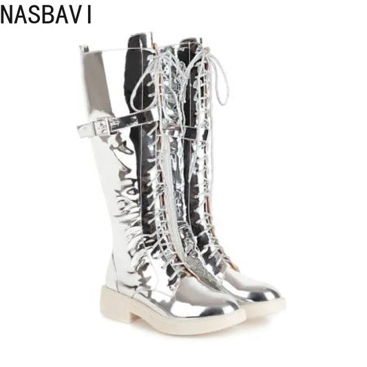 NASBAVI New Women's Long Boots Women Autumn Round Toe Flat Bottes Woman Knee High Low Heel Casual PU Leather Winter Female Shoes
