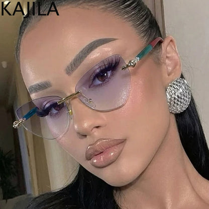 Sexy Cat Eye Punk Rimless Sunglasses Women Luxury Brand Retro Steampunk Polygon Sun Glasses For Ladies Fashion Shades UV400