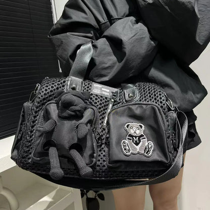 Ladies' fashionable mesh splicing casual handbag with multiple pockets, teddy bear doll, single shoulder diagonal cross bag
