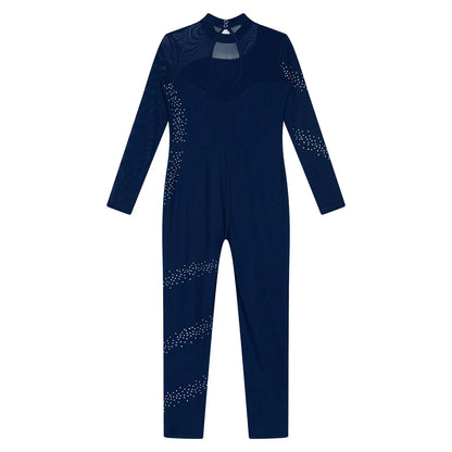 Kids Girls Ballet Dance Gymnastics Leotard Figure Skating Acrobatics Yoga Bodysuit Long Sleeve Shiny Rhinestone Mesh Jumpsuit