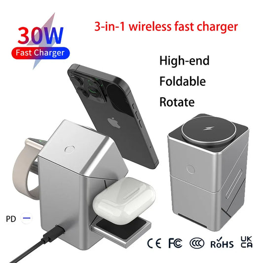 Qi2 3 in 1 Magsafe Wireless Chargers Station for iPhone & Samsung Magnetic Charging Dock for Apple Watch Charger