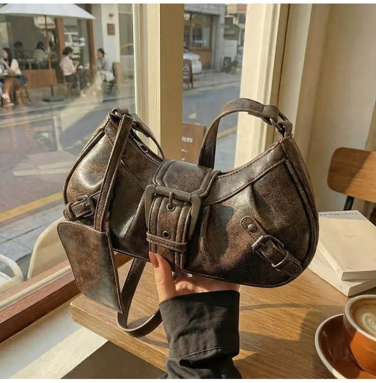 Shoulder Bags Y2K Retro Style Shoulder Bag, Maillard Pleated Rivet Armpit Bag, Fashionable Ladies Cool Leather Shoulder Bag
