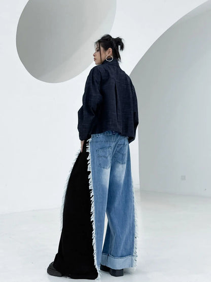 NYFS Europe United States Patchwork Loose plus Size Women's Jeans Elastic Waist Trousers Autumn Fashion Denim Wide-leg pants
