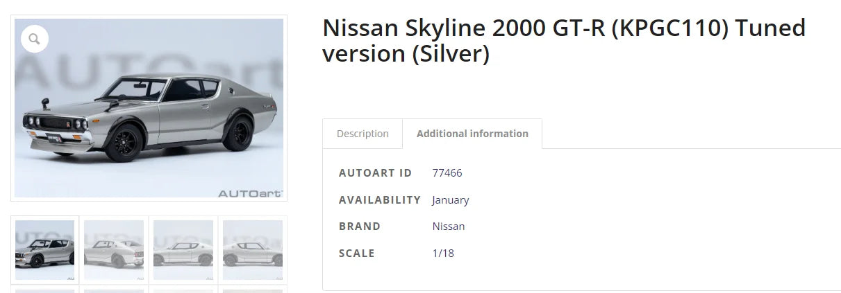 NISSAN SKYLINE 2000 GT-R (KPGC110) TUNED VERSION RS WATANABE WHEEL AUTOart 1/18 Static display model gift collection