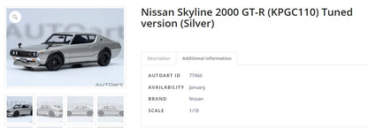 NISSAN SKYLINE 2000 GT-R (KPGC110) TUNED VERSION RS WATANABE WHEEL AUTOart 1/18 Static display model gift collection