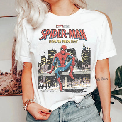 Spider-Man Brand 2026 New Movie New Day Tom Holland Retro Print T Shirt Men Women Y2K Harajuku Loose Casual Tee Street Fashion