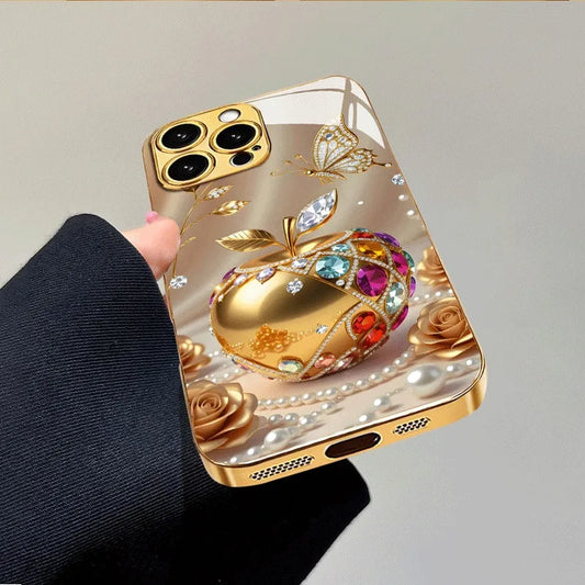 Luxury Golden For Apple Pattern Metallic Paint Glass Phone Case For iPhone 17 16 15 14 13 12 11 Pro Max 16 Plus 17 Air 16E Cover