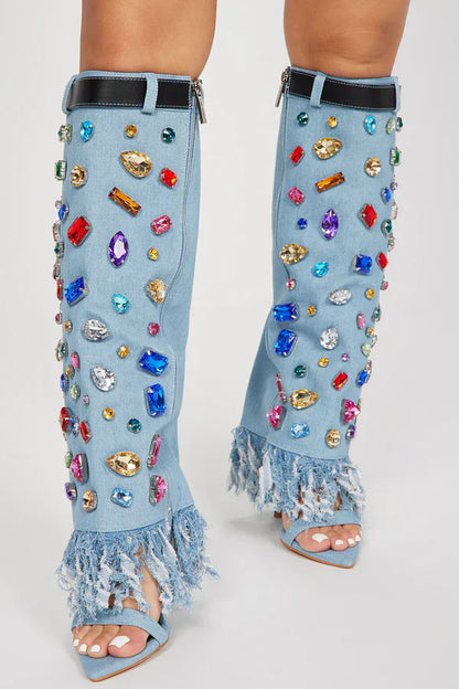 Crystal Decor Denim Lady Long Boots Sexy Fringe Pointed Toe Woman Knee High Boots Fashion Tassel Jean Sandals Boots 44
