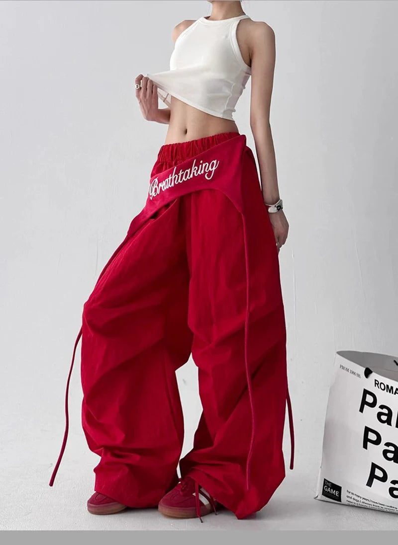 Korean Y2K Cargo Pants Women Streetwear Letter Print Baggy Sweatpants Gyaru Harajuku Wide Leg Joggers Summer Casual Trousers