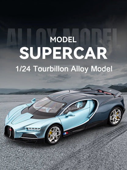 Bugatti Tourbillon, Nissan Skyline GTR, Model Sports 1:24 Car Alloy Diecast Sound Light Doors Opened Shock Absorption Ornament Supercar Toys Gift