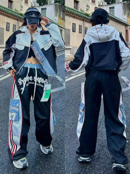 European Style Casual Pants for Women 2026 Spring Summer New Large Pocket Letter Print Embroidery Patchwork Denim Trousers Trendy