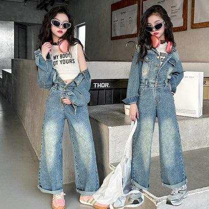 2025 Spring teen Kids girl Denim Jumpsuits Long Sleeve Overalls Children Fashion Jeans Loose Trousers Korean junior Girls Outfit