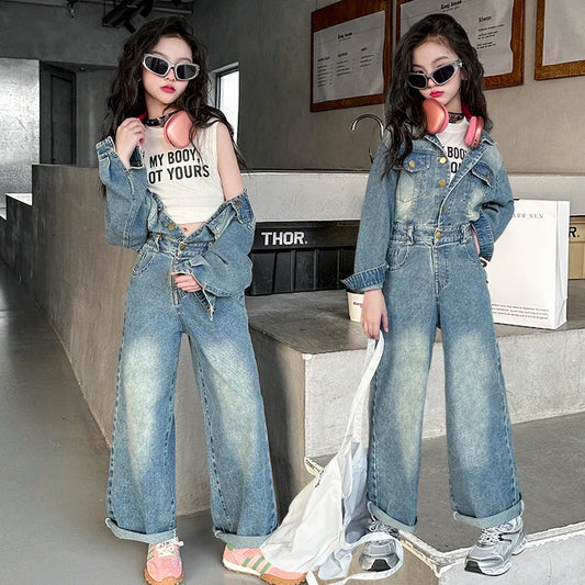 2025 Spring teen & Kids girl Denim Jumpsuits Long Sleeve Overalls Children Fashion Jeans Loose Trousers Korean junior Girls Outfit