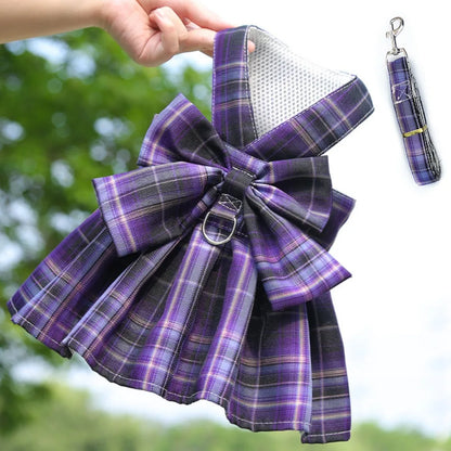 Reusable with Leash Traction Dog Plaid JK Dress Thin Dacron Pet Harness Skirt Adjustable Washable Dog Bow Skirt Rabbit